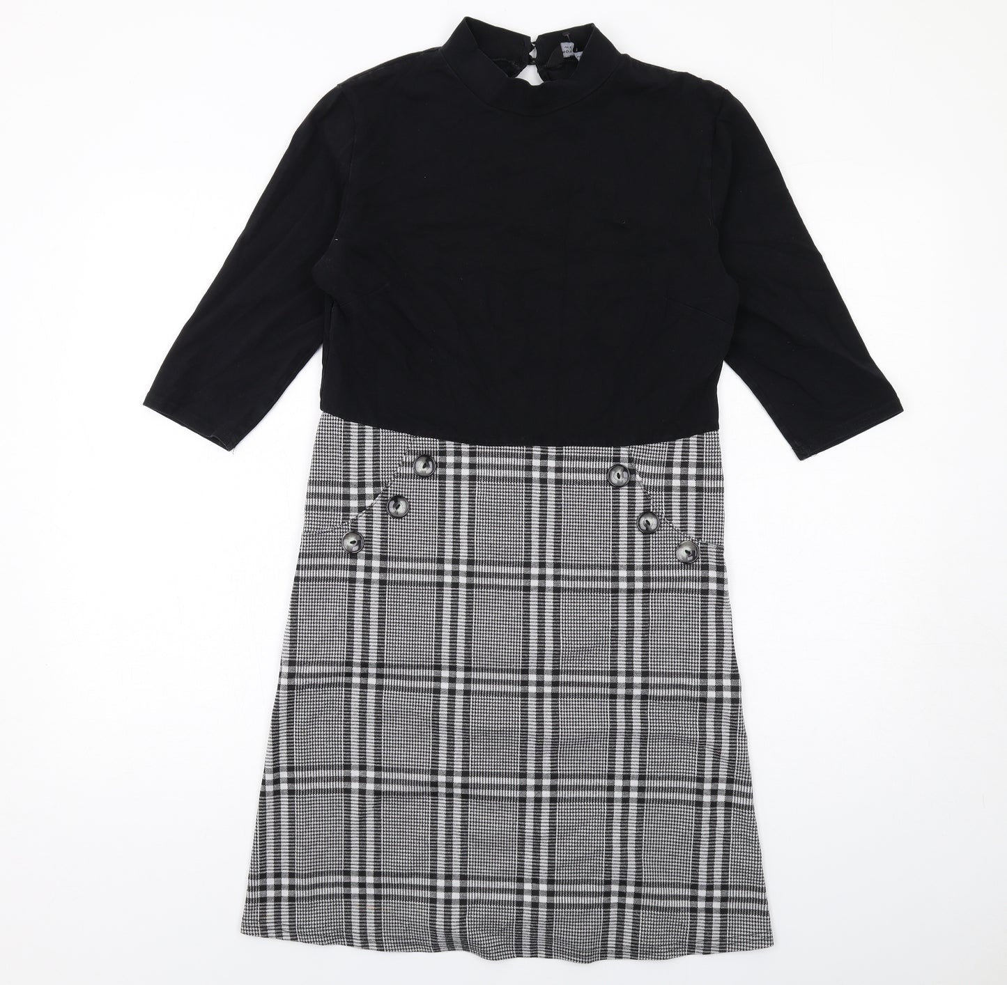 Dorothy Perkins Womens Black Geometric Polyester A-Line Size 12 Mock Neck Button