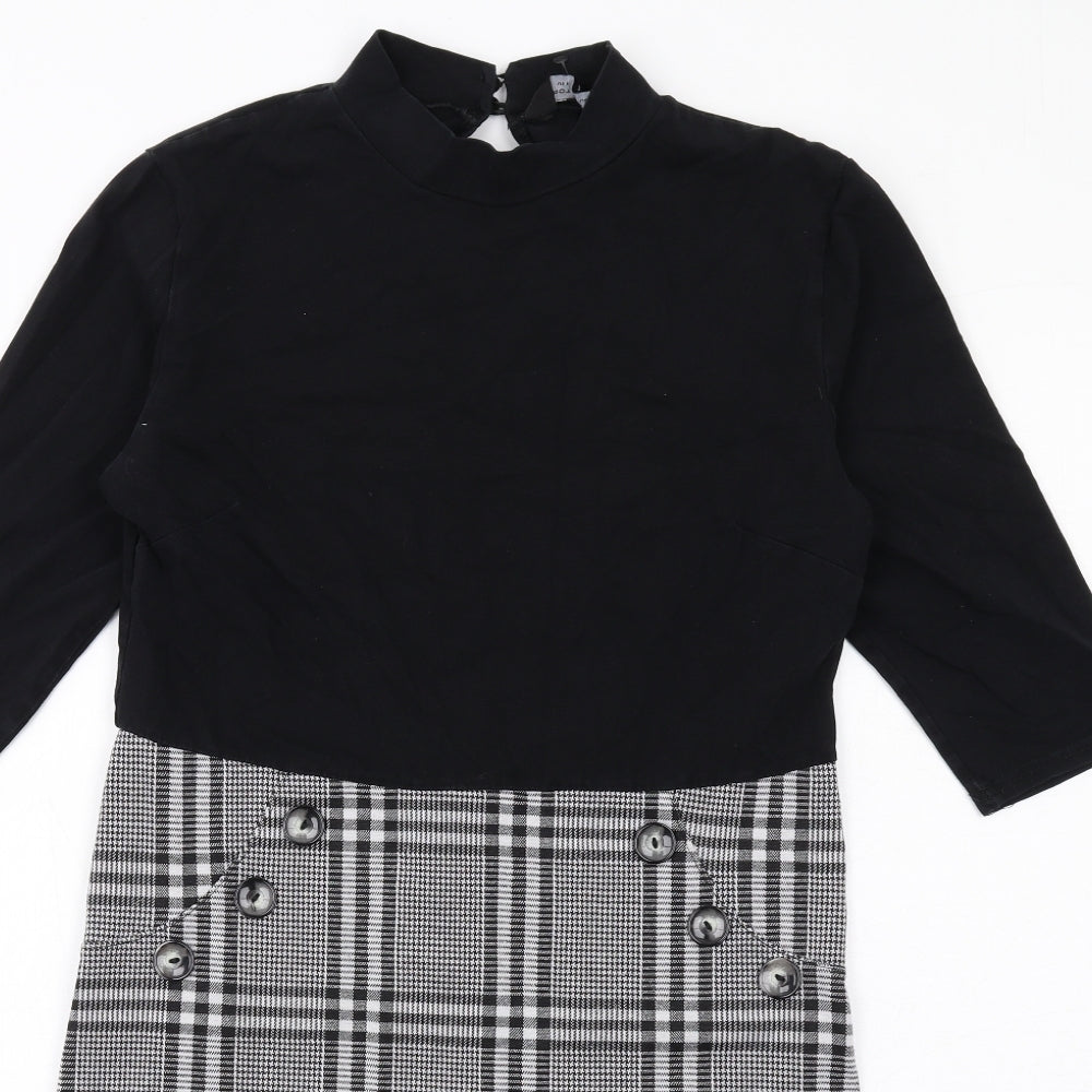 Dorothy Perkins Womens Black Geometric Polyester A-Line Size 12 Mock Neck Button