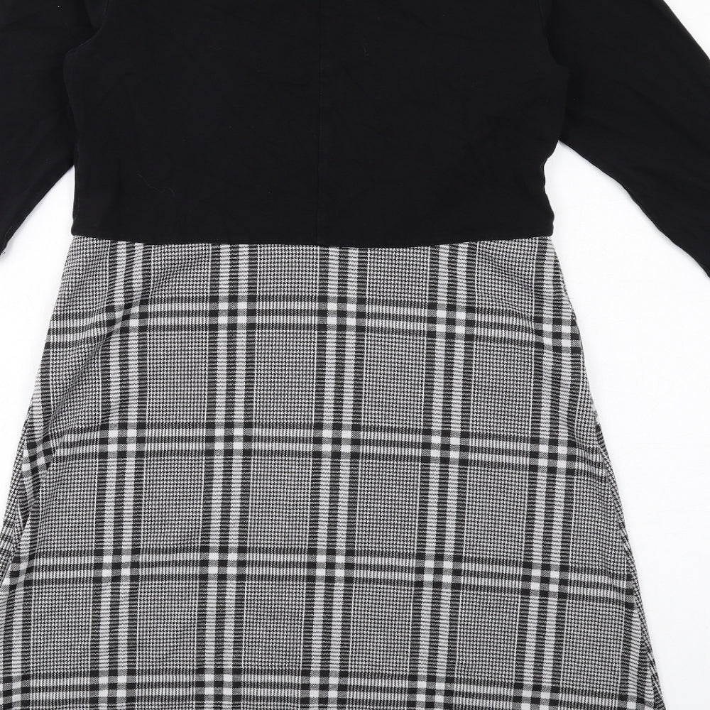 Dorothy Perkins Womens Black Geometric Polyester A-Line Size 12 Mock Neck Button