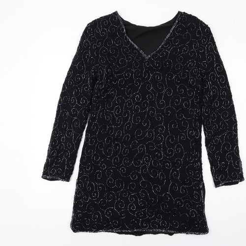 St Bernard Womens Black Geometric Polyester A-Line Size 12 V-Neck Pullover