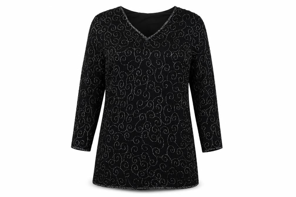 Front view of St Bernard women’s black geometric polyester a-line, size UK 12, v-neck pullover