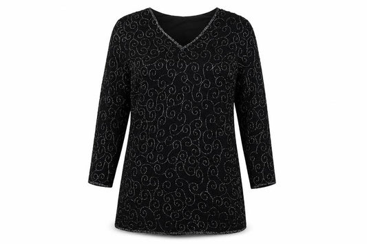 Front view of St Bernard women’s black geometric polyester a-line, size UK 12, v-neck pullover