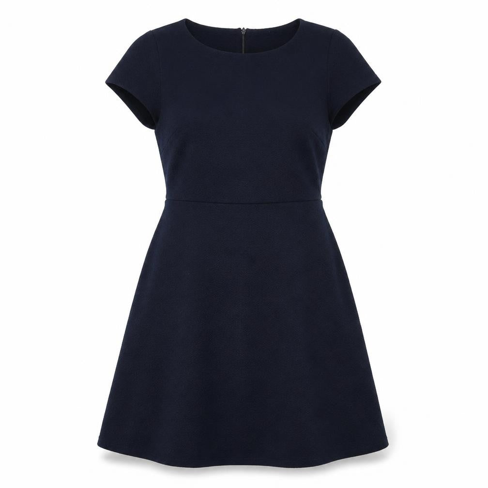 Front view of Yumi women’s blue polyester a-line, size UK 10, round neck zip