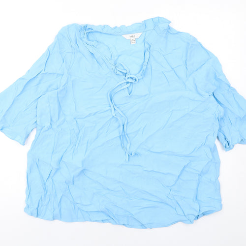 Marks and Spencer Womens Blue Viscose Basic Blouse Size 16 V-Neck - Tie Neck Detail