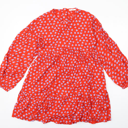 Marks and Spencer Girls Red Geometric Viscose Trapeze & Swing Size 13-14 Years Round Neck Zip - Heart Print