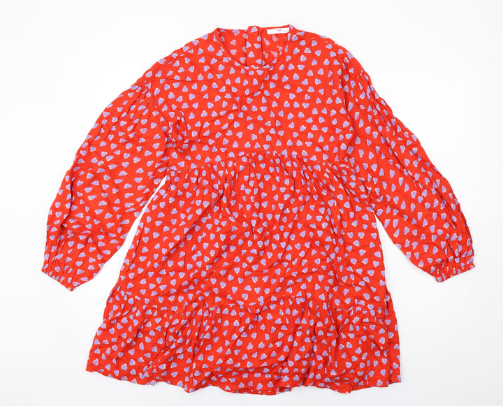 Marks and Spencer Girls Red Geometric Viscose Trapeze & Swing Size 13-14 Years Round Neck Zip - Heart Print