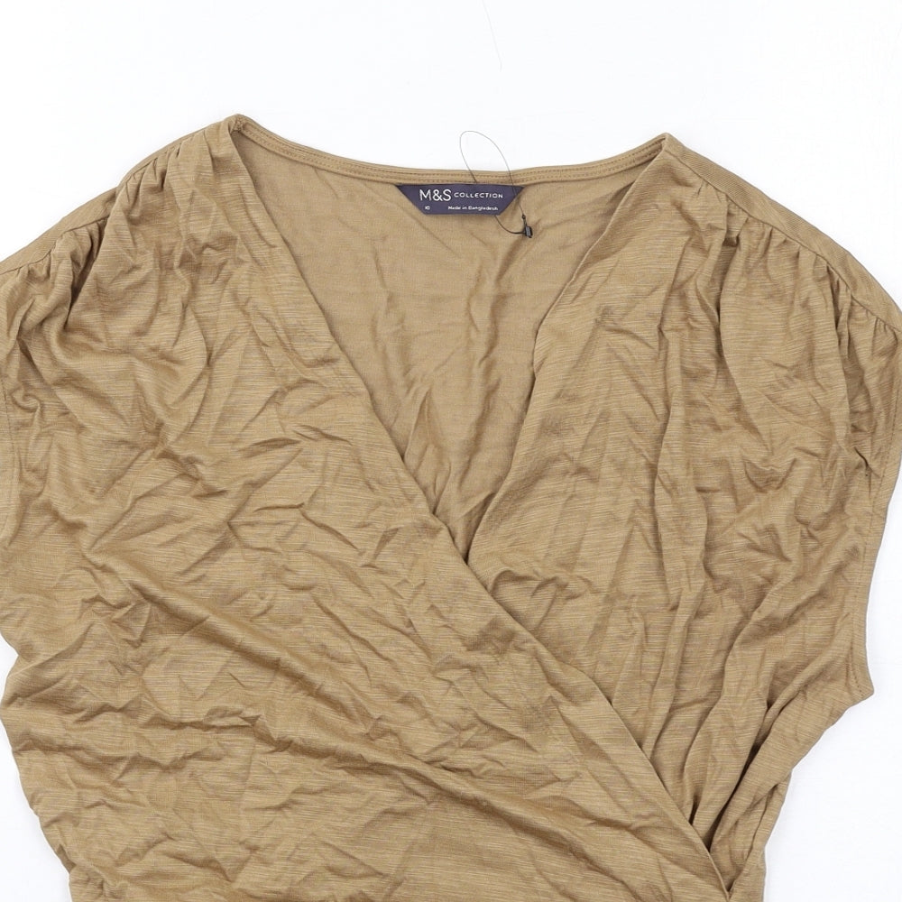 Marks and Spencer Womens Brown Modal Basic T-Shirt Size 10 V-Neck - Ruched