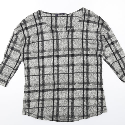Marks and Spencer Womens Grey Plaid Cotton Basic T-Shirt Size 12 Boat Neck