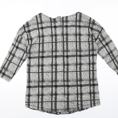Marks and Spencer Womens Grey Plaid Cotton Basic T-Shirt Size 12 Boat Neck