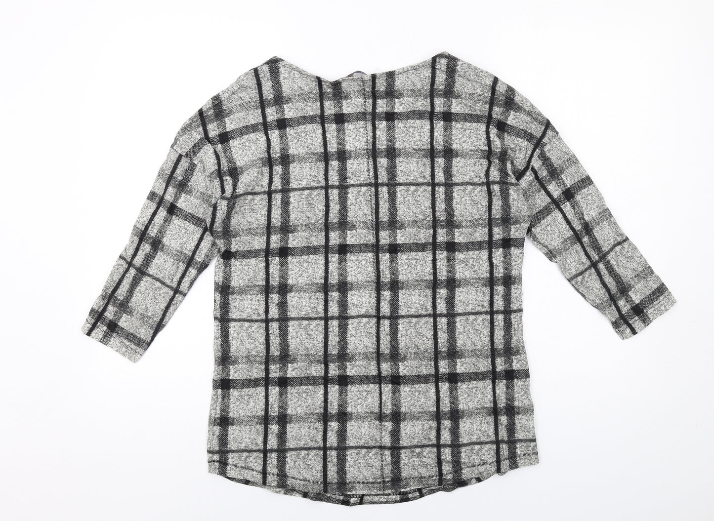 Marks and Spencer Womens Grey Plaid Cotton Basic T-Shirt Size 12 Boat Neck