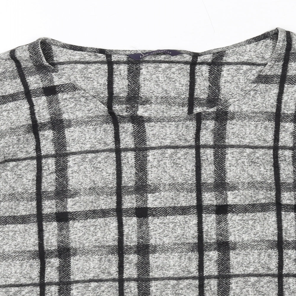 Marks and Spencer Womens Grey Plaid Cotton Basic T-Shirt Size 12 Boat Neck