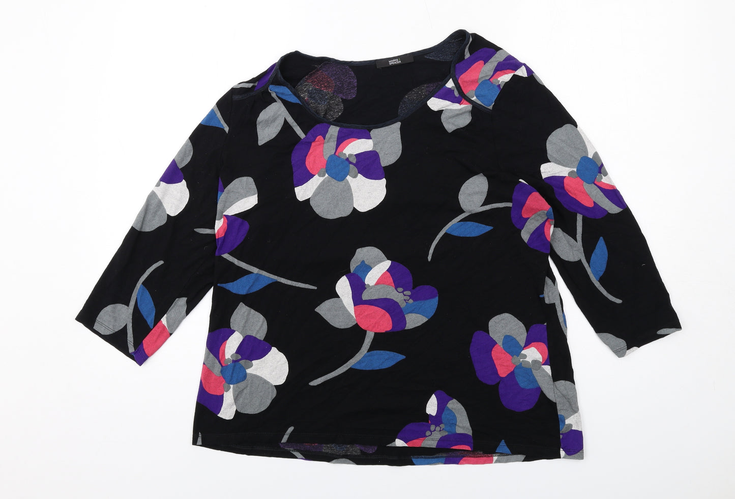 Marks and Spencer Womens Black Floral Viscose Basic T-Shirt Size 18 Boat Neck