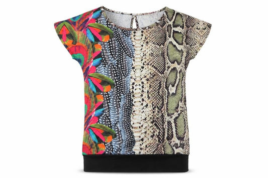 Front view of Smash women’s multicoloured animal print polyester basic blouse, size S, boat neck