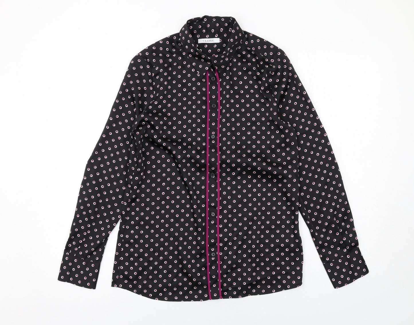 Classics Womens Black Geometric Polyester Basic Button-Up Size 8 Collared
