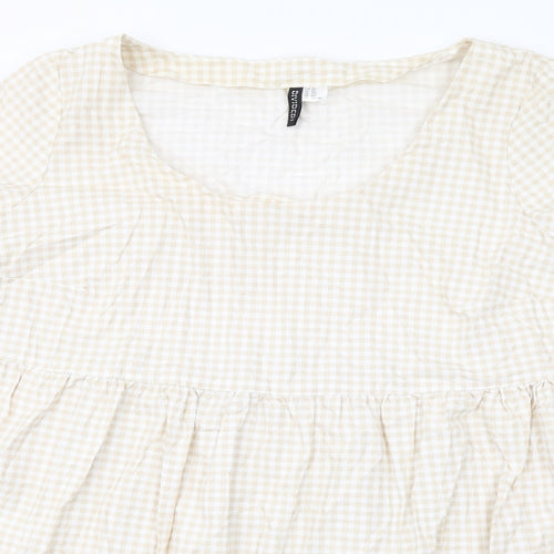H&M Womens Beige Gingham Cotton Trapeze & Swing Size 2XL Round Neck Pullover