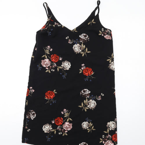 New Look Womens Black Floral Polyester Slip Dress Size 8 V-Neck Pullover