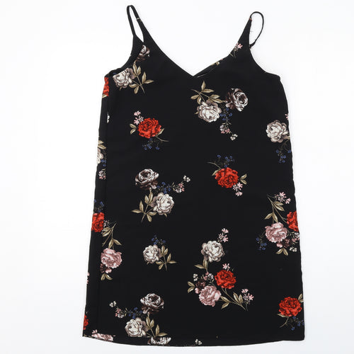 New Look Womens Black Floral Polyester Slip Dress Size 8 V-Neck Pullover