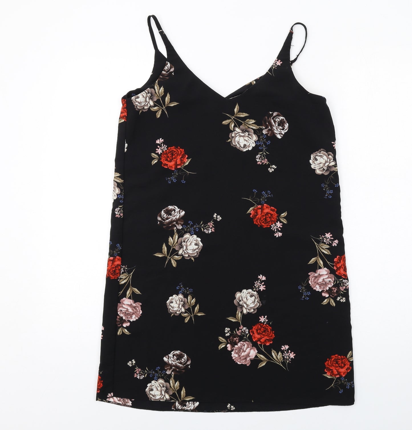 New Look Womens Black Floral Polyester Slip Dress Size 8 V-Neck Pullover