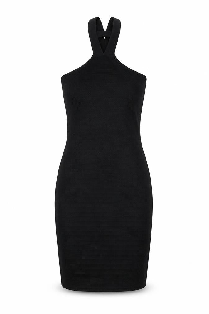 Front view of PRETTYLITTLETHING women’s black polyester bodycon, size UK 6, v-neck pullover