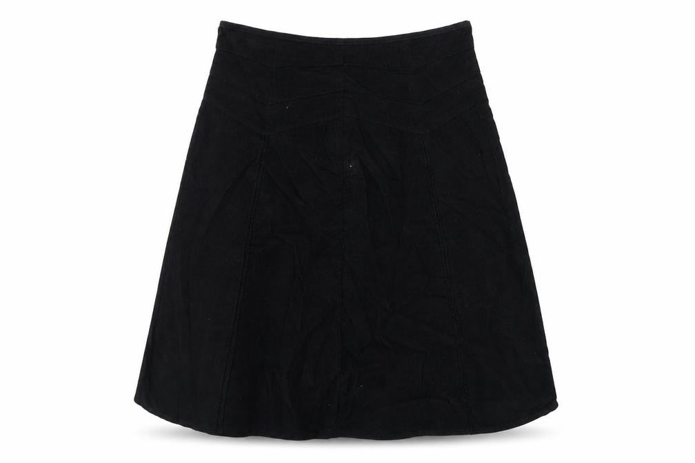 Front view of Loulabelle women’s black polyester swing skirt, size UK 10, zip