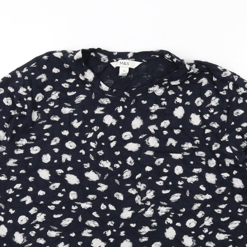 Marks and Spencer Womens Blue Geometric Cotton Basic T-Shirt Size 16 Crew Neck