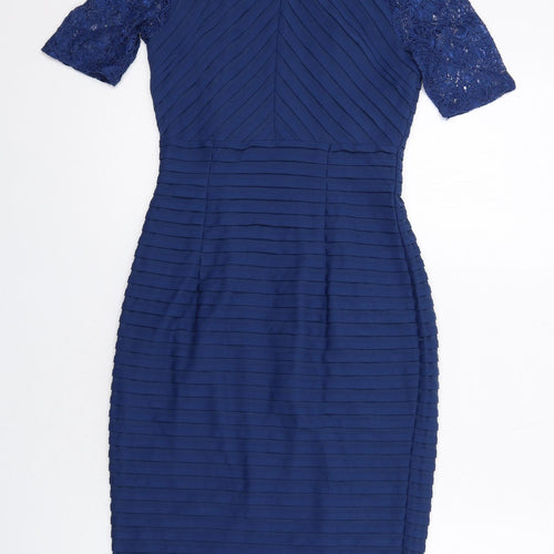 Linea Womens Blue Polyester Shift Size 8 Round Neck Button