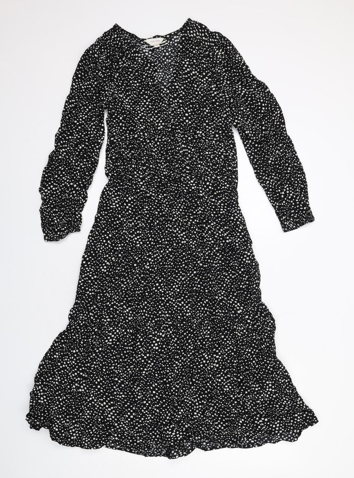 Per Una Womens Black Geometric Viscose Trapeze & Swing Size 6 V-Neck Zip