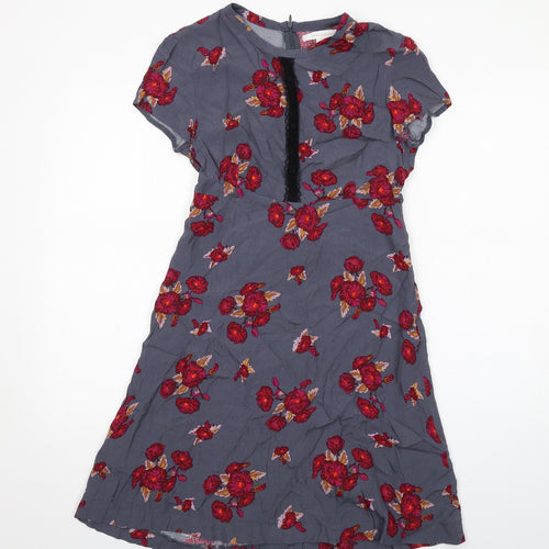 Mademoiselle R Womens Grey Floral Viscose A-Line Size 6 Round Neck Zip