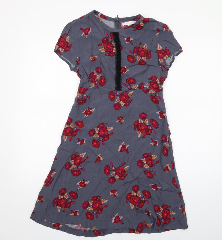Mademoiselle R Womens Grey Floral Viscose A-Line Size 6 Round Neck Zip