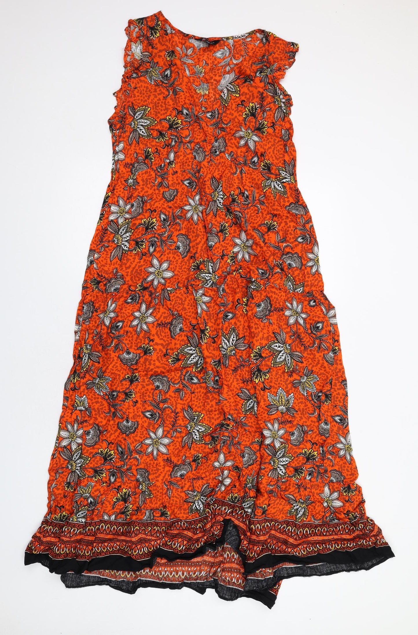 New Look Womens Orange Floral Viscose Maxi Size 12 V-Neck Pullover