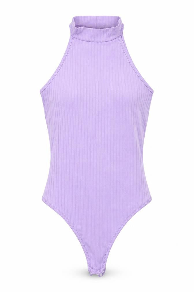 Front view of PRETTYLITTLETHING women’s purple polyester bodysuit one-piece, size UK 4, snap
