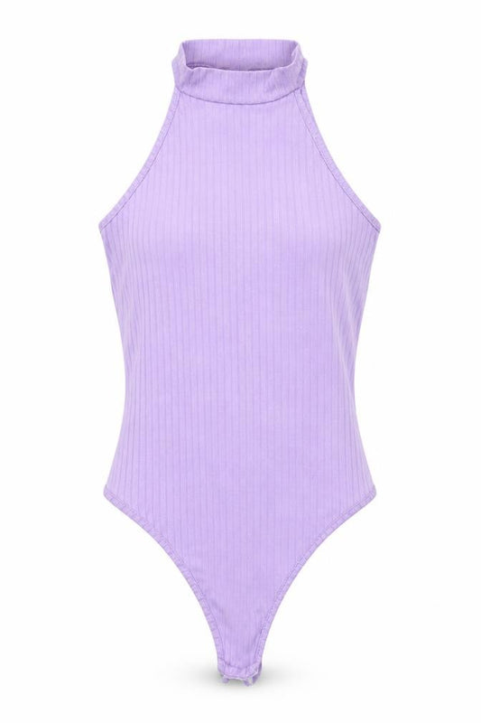 Front view of PRETTYLITTLETHING women’s purple polyester bodysuit one-piece, size UK 4, snap