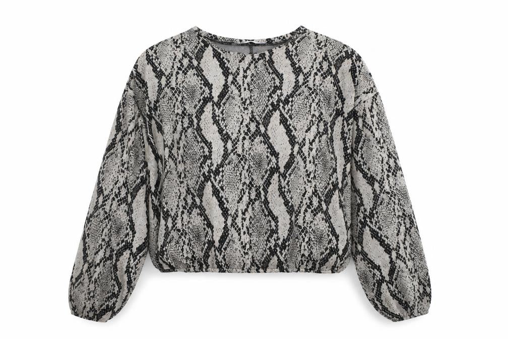 Front view of Zara women’s grey animal print polyester basic blouse, size M, round neck - snake print