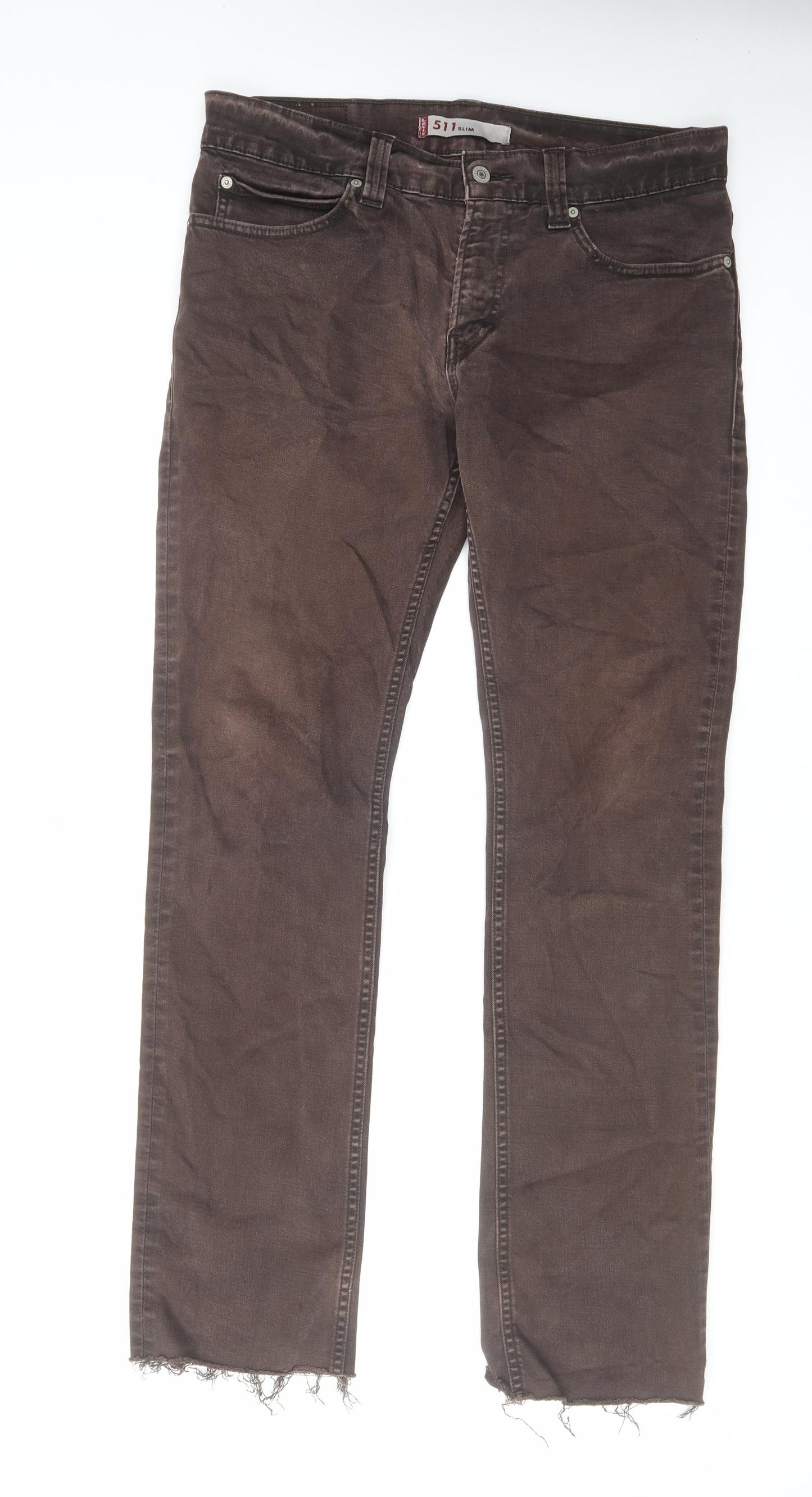 Levi's Womens Brown Cotton Straight Jeans Size 34 in L31 in Slim Zip - Raw Hem