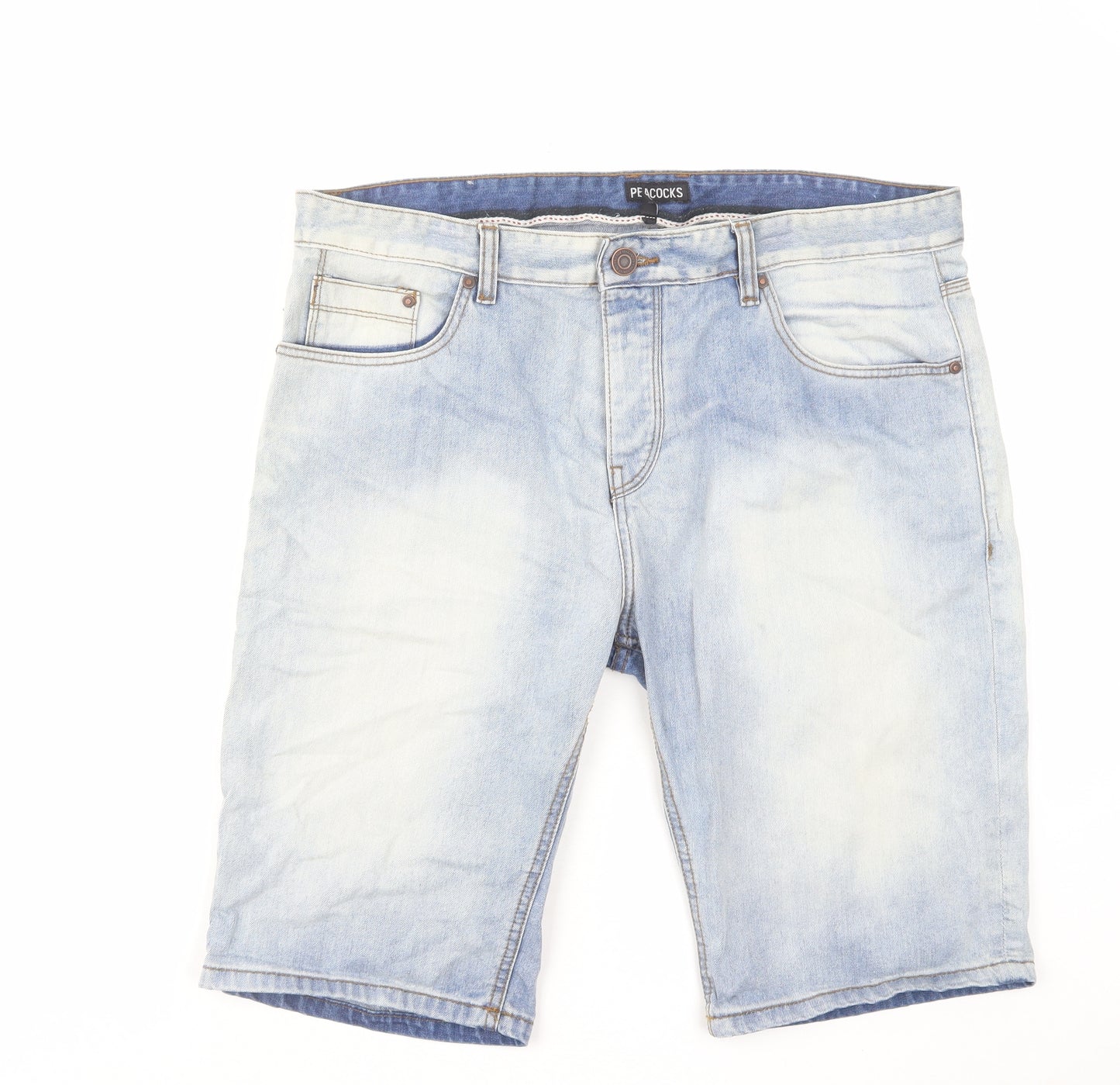 Peacocks Mens Blue Herringbone Cotton Chino Shorts Size 38 in L12 in Regular Button