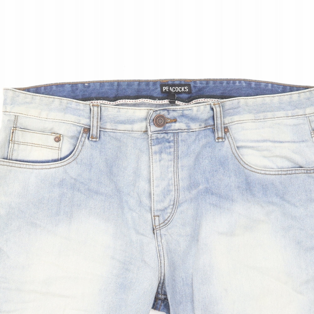 Peacocks Mens Blue Herringbone Cotton Chino Shorts Size 38 in L12 in Regular Button