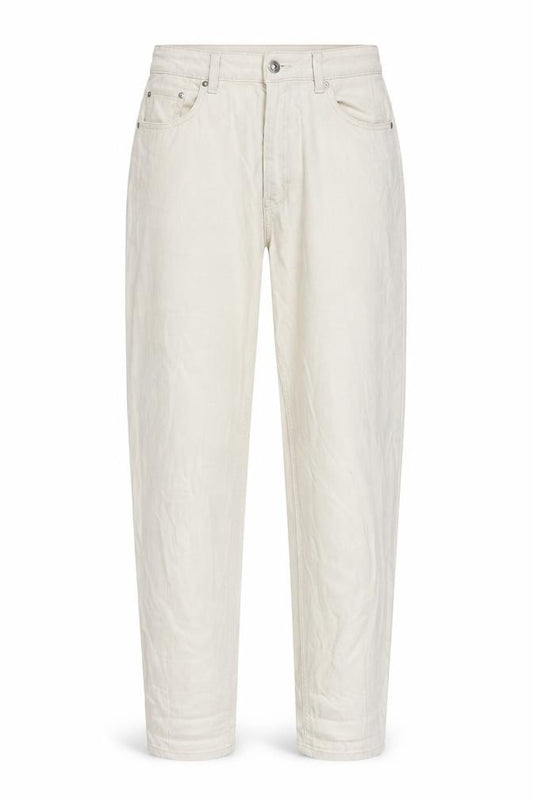 Front view of H&M women’s ivory cotton mom jeans, size UK 12, 28-inch leg regular zip