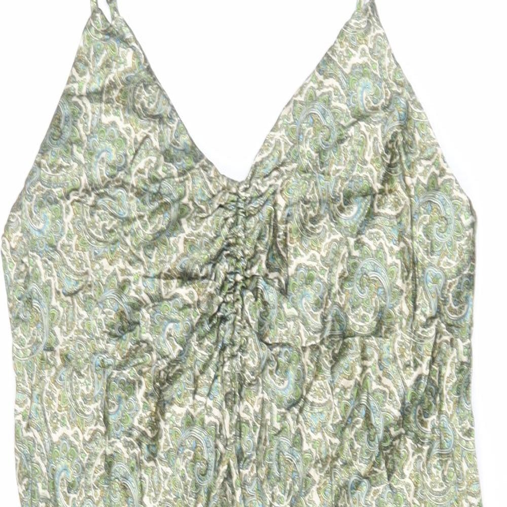 Zara Womens Green Geometric Viscose Tank Dress Size S V-Neck Pullover