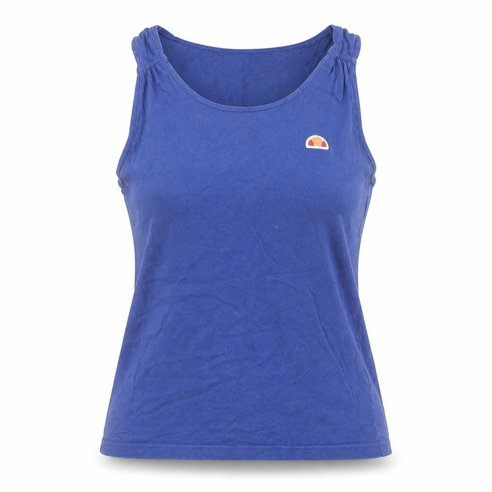 Front view of Ellesse women’s blue cotton basic tank, size UK 10, boat neck