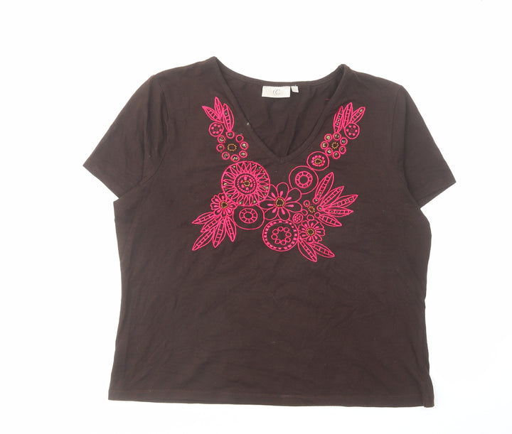 CC Womens Brown Cotton Basic T-Shirt Size L V-Neck - Floral Detail