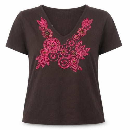 CC Womens Brown Cotton Basic T-Shirt Size L V-Neck - Floral Detail