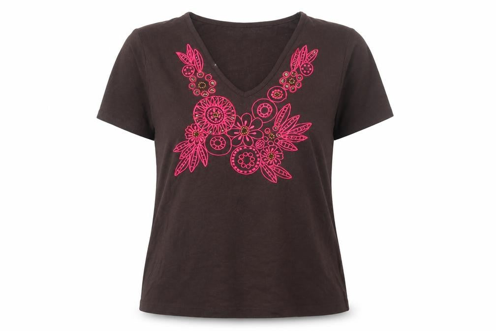 CC Womens Brown Cotton Basic T-Shirt Size L V-Neck - Floral Detail