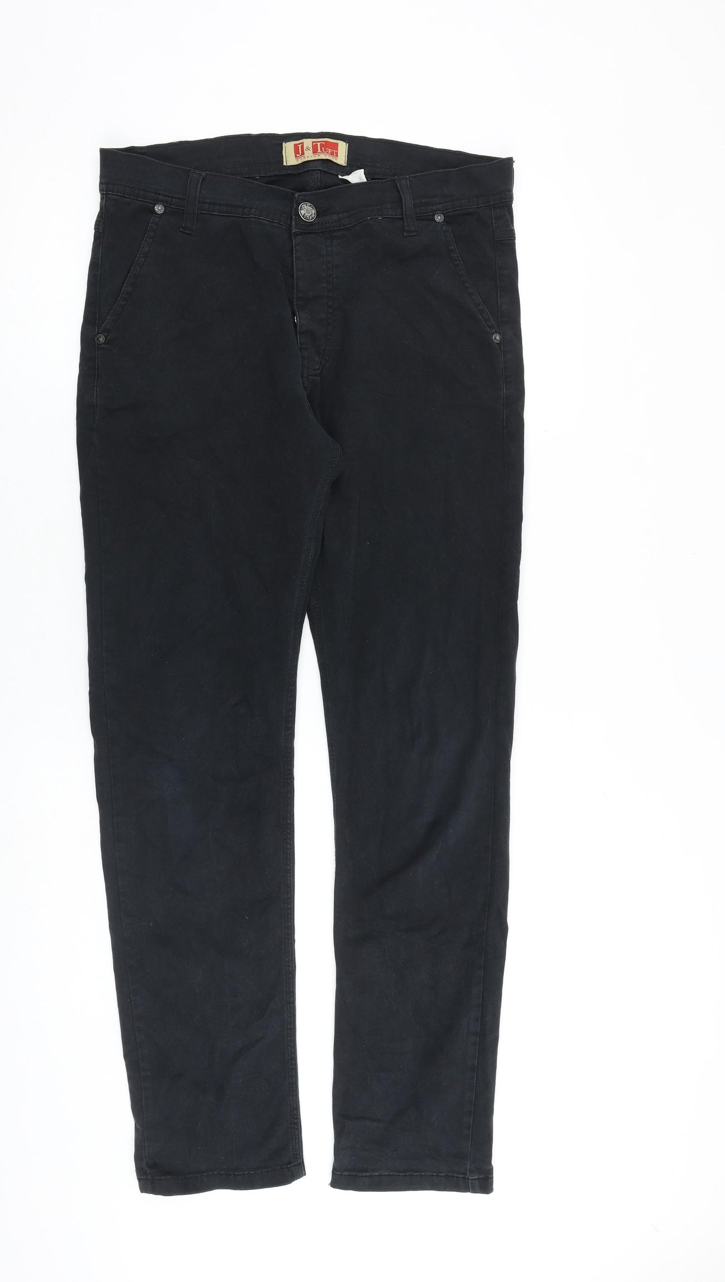 J & Tuft Mens Black Cotton Trousers Size 30 in L31 in Regular Zip