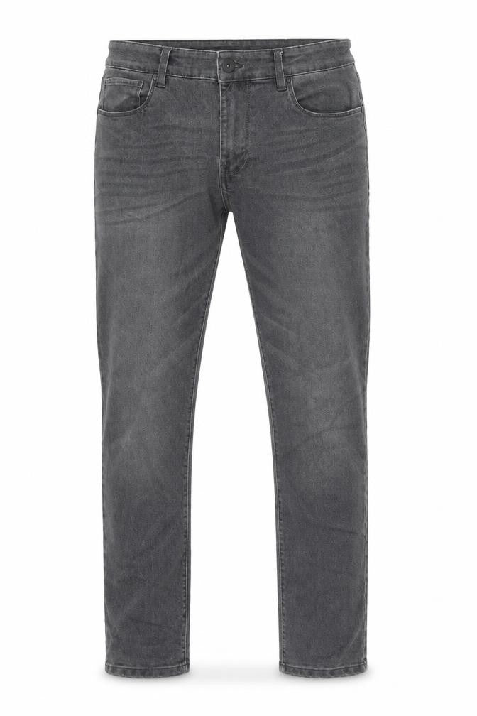 Front view of Everyday men’s grey cotton straight jeans, size 32, in, 30-inch leg regular zip