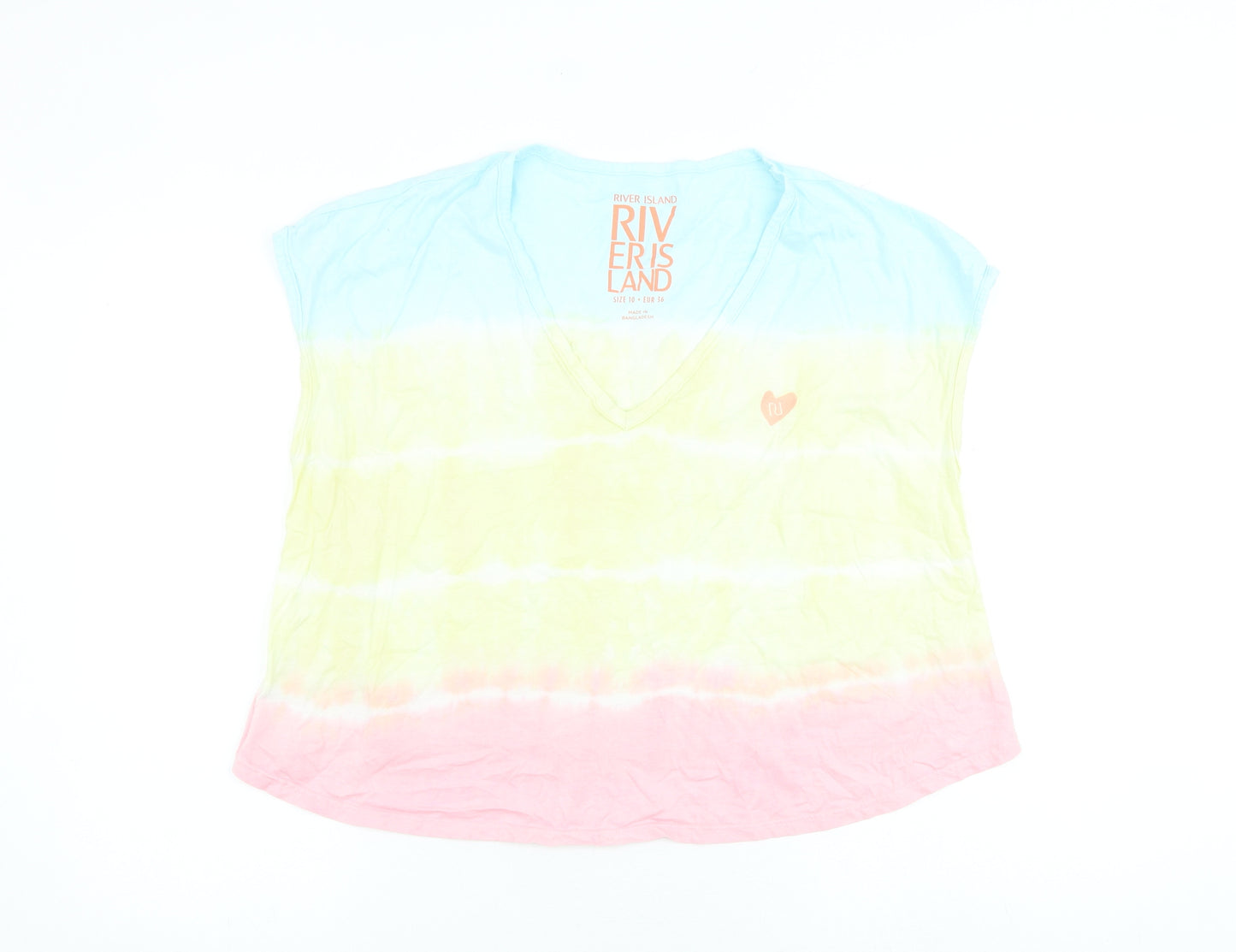 River Island Womens Multicoloured 100% Cotton Basic T-Shirt Size 10 V-Neck - Tie Dye