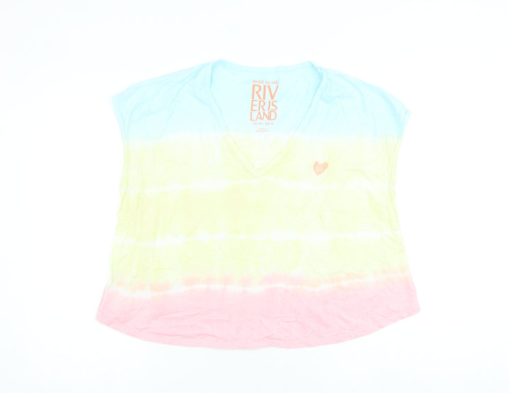 River Island Womens Multicoloured 100% Cotton Basic T-Shirt Size 10 V-Neck - Tie Dye