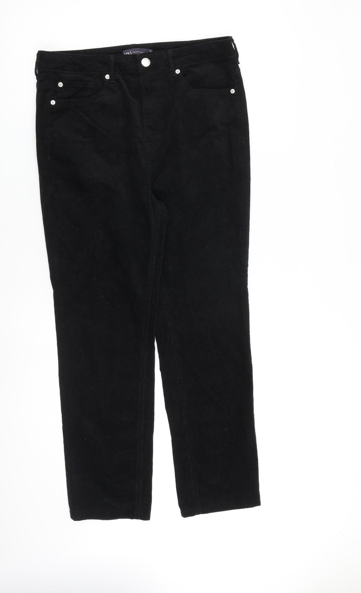 Marks and Spencer Womens Black Cotton Trousers Size 12 L27 in Regular Zip