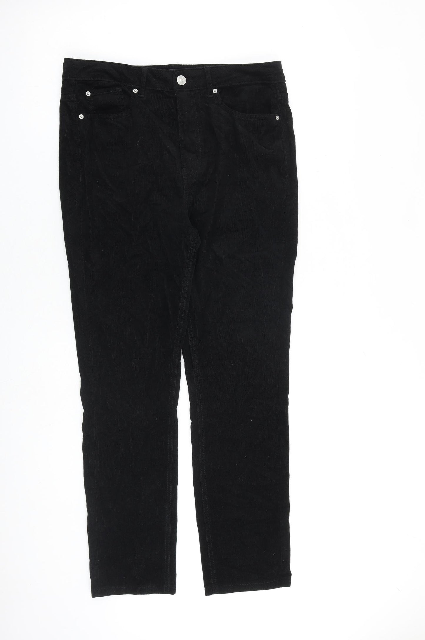 Marks and Spencer Womens Black Cotton Trousers Size 12 L28 in Regular Zip