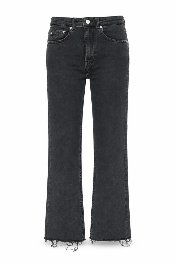 Front view of Pull&Bear women’s grey cotton bootcut jeans, size UK 6, 26-inch leg regular zip - raw hem