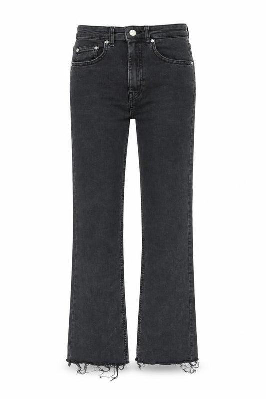 Front view of Pull&Bear women’s grey cotton bootcut jeans, size UK 6, 26-inch leg regular zip - raw hem